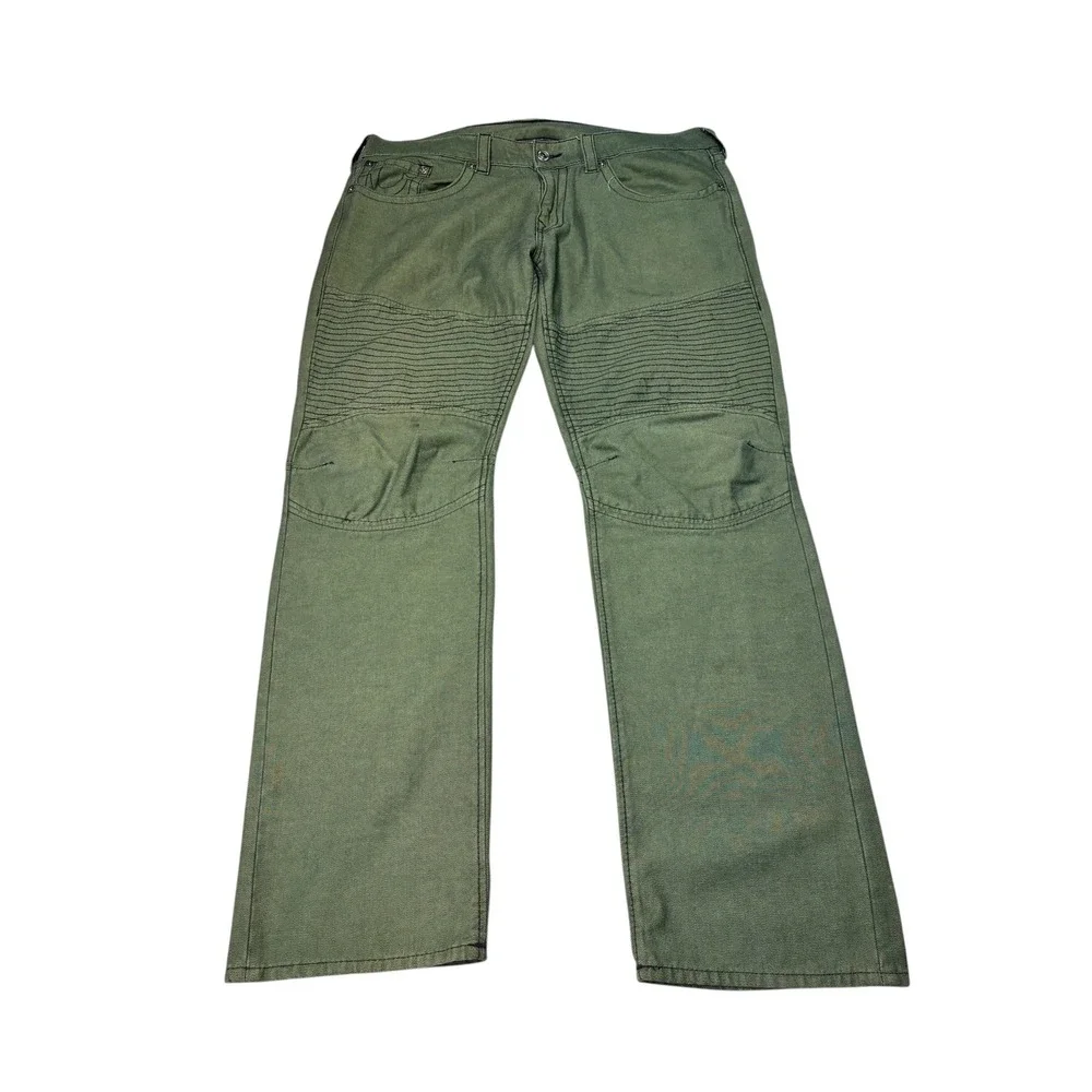 True Religion Mens Section Moto Slim Pants Olive Green Biker Ribbed 38X33‎